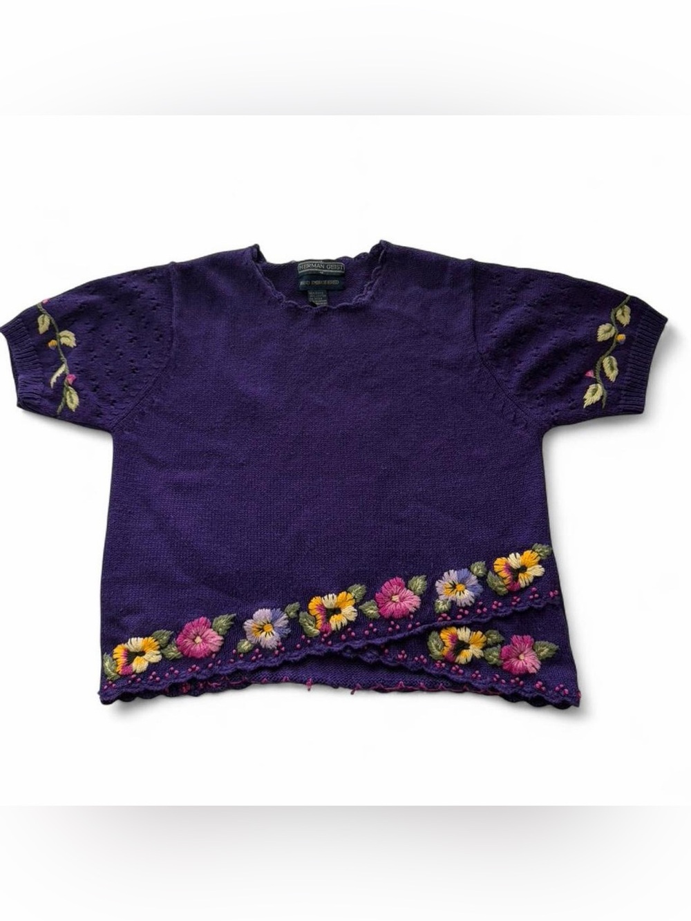 Vintage 90s Hand Embroidered Medium Purple Floral Top Boho Artisan CottageCore